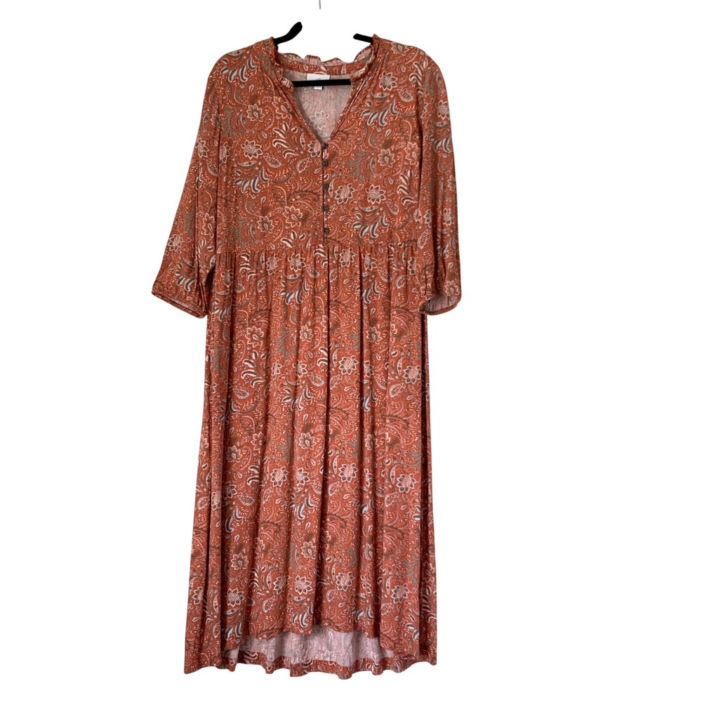 J Jill Paisley Midi Dress Womens L Orange Boho Coastal Quiet Luxury Cottagecore